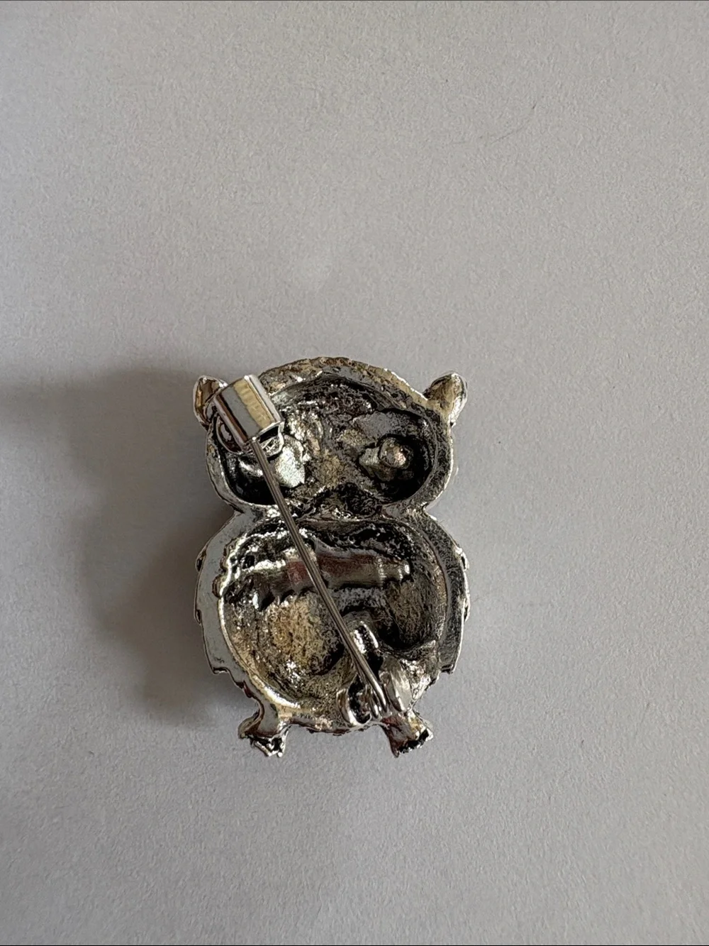 Silver Owl Accent Pin with Dark Green Crystal Eyes